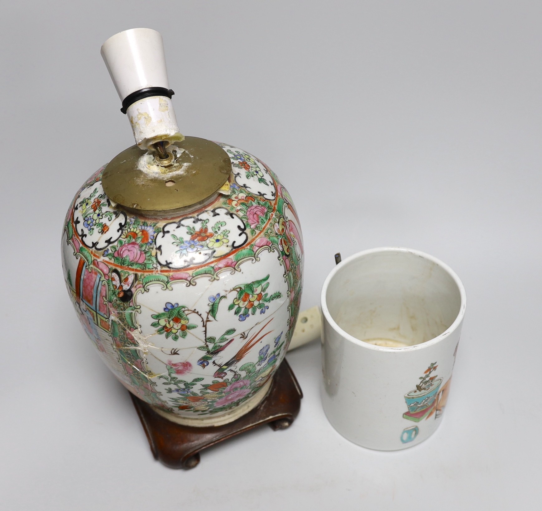 A famille rose vase converted into a lamp, together with a similar brush pot